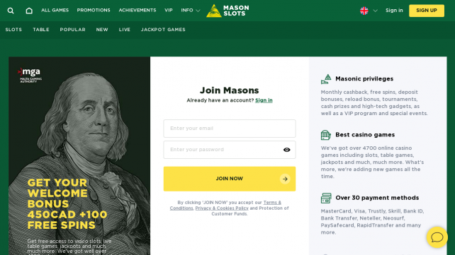 Mason Slots Homepage Desktop