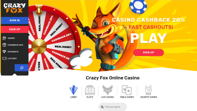 CrazyFox Casino Homepage Desktop