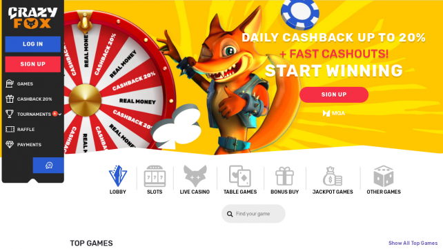 CrazyFox Casino Homepage Desktop