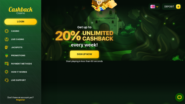 Cashback Casino Homepage Desktop
