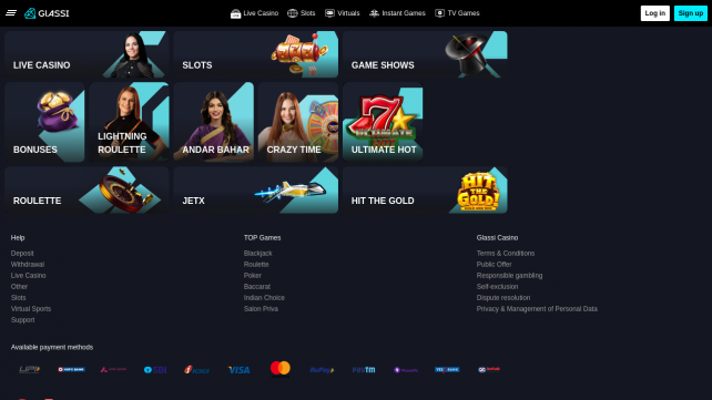 Glassi Casino Homepage Desktop