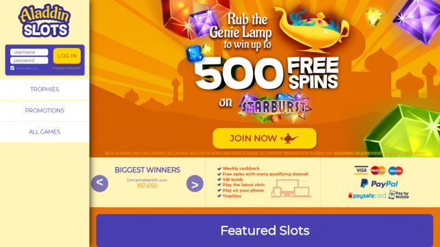 Aladdin Slots Homepage Desktop