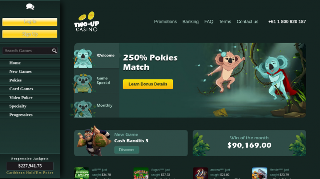 Two-Up Casino Homepage Desktop
