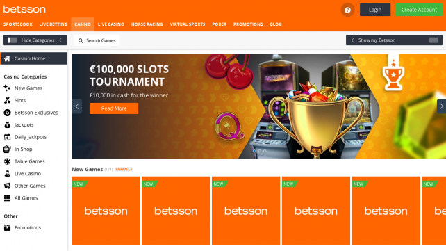 betsson Casino Homepage Desktop