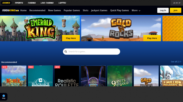 OddsKing Casino Homepage Desktop