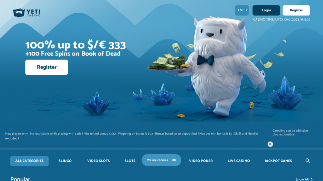 Yeti Casino Homepage Desktop