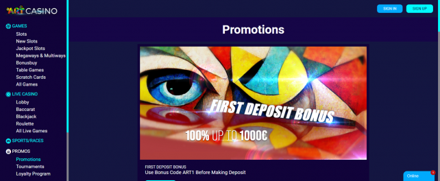 ArtCasino Homepage Desktop