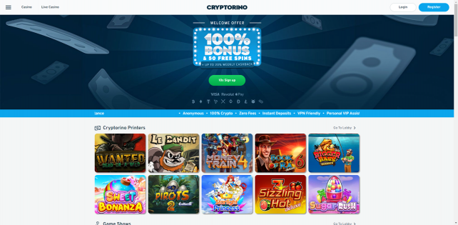Cryptorino Casino Homepage Desktop