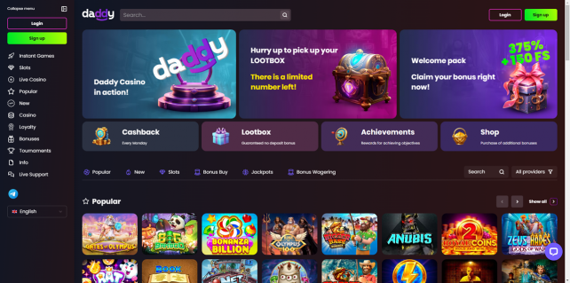 daddy Casino Homepage Desktop