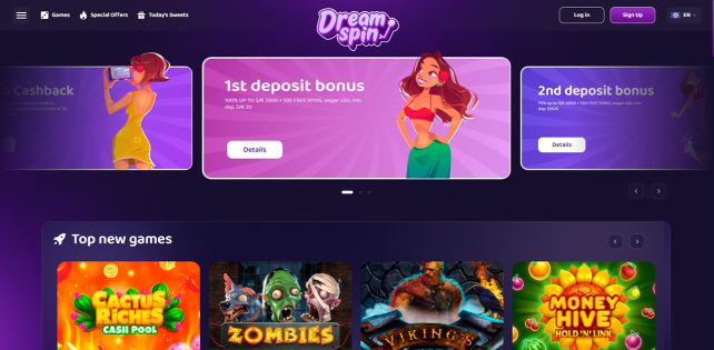 DreamSpin Casino Homepage Desktop