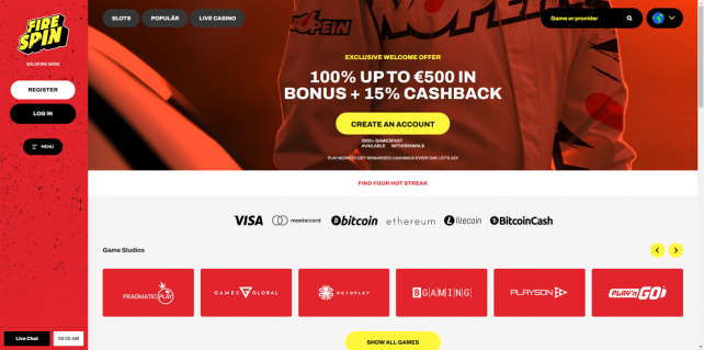 FireSpin Casino Homepage Desktop