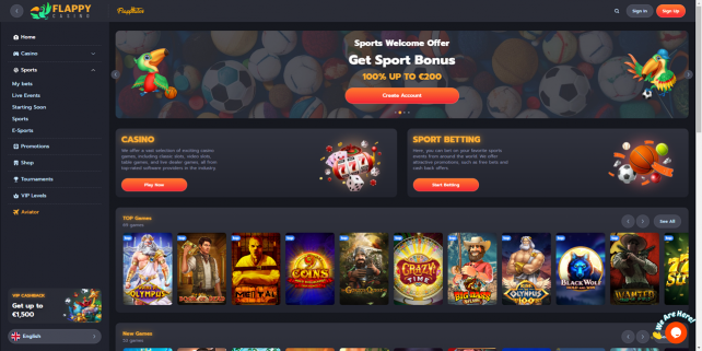 Flappy Casino Homepage Desktop