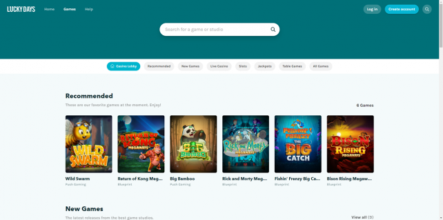 Lucky Days Casino Homepage Desktop