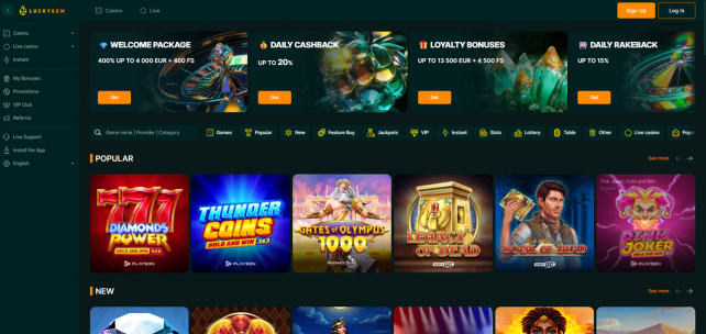 Luckygem Casino Homepage Desktop