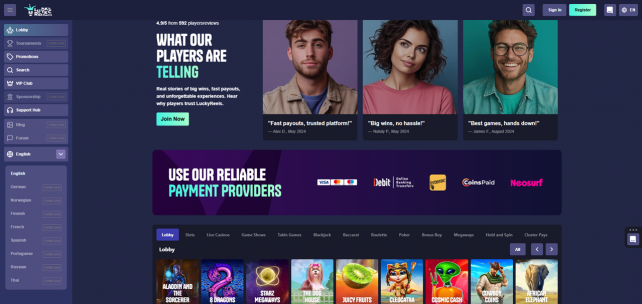 LuckyReels Homepage Desktop