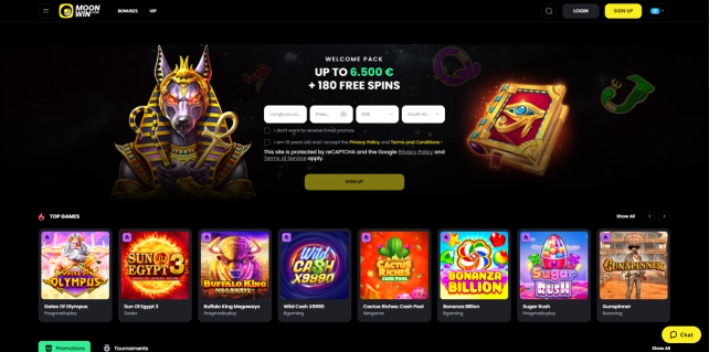 MoonWin Casino Homepage Desktop