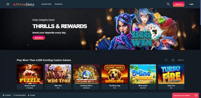 PrimeBetz Casino Homepage Desktop