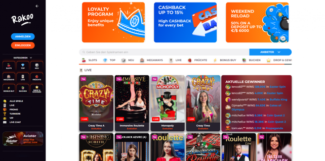 Rakoo Casino Homepage Desktop