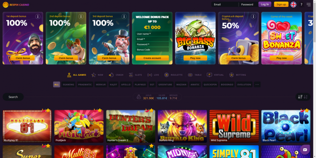 Respin Casino Homepage Desktop