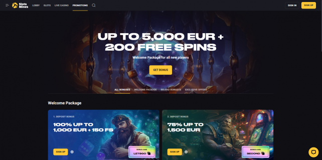 SlotMines Casino Homepage Desktop