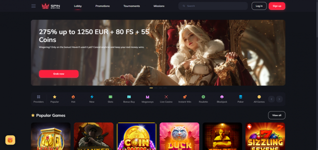 SpinEmpire Casino Homepage Desktop