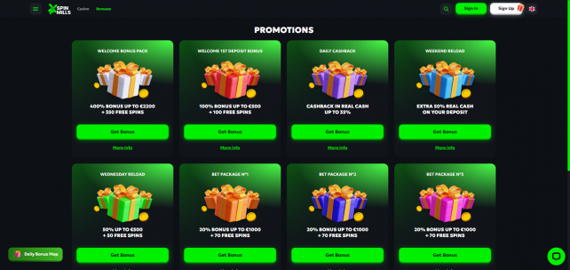 SpinMills Casino Homepage Desktop
