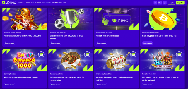 UpSpinz Casino Homepage Desktop