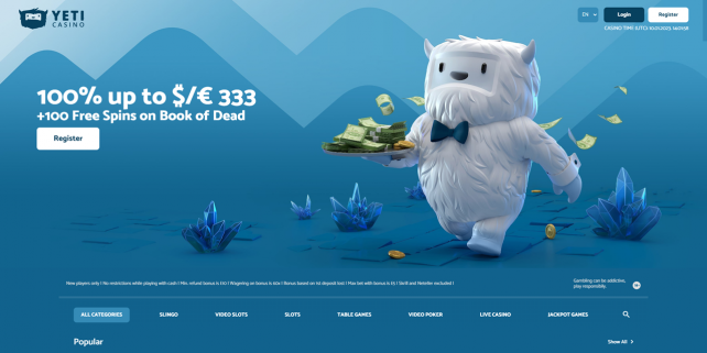 Yeti Casino Homepage Desktop